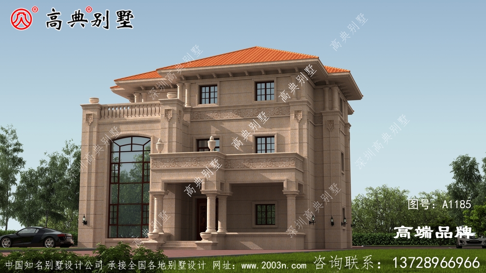 欧式石材别墅窗户和篱笆装饰使用现代元素图案结合